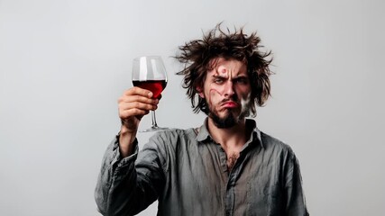 A man with a distressed expression holds a glass of red wine against a stark white background. He wears a gray shirt and has a beard, and his hair is tousled by the wind.