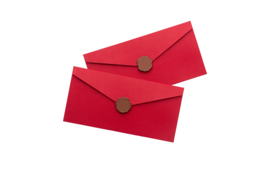Two red envelopes with wax seals, overlapping, isolated on white background, top view, elegant and festive