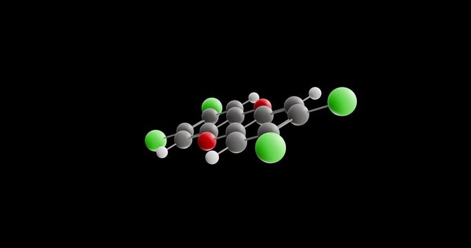 Dioxin molecule, rotating 3D model of organic pollutant, looped video on a black background

