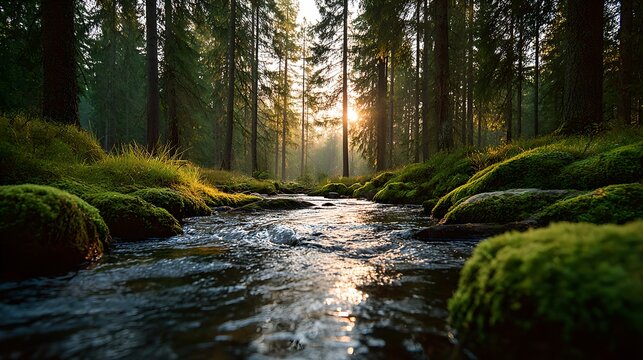 Beautiful forest landscape with tranquil stream flowing through lush greenery, moss-covered rocks, sunlight filtering through tall trees, creating a peaceful outdoor scene