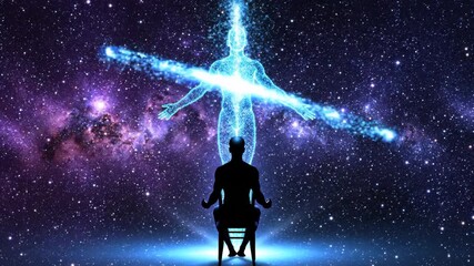 Silhouette of meditating man experiencing astral projection or outofbody experience against a vibrant starry galaxy background