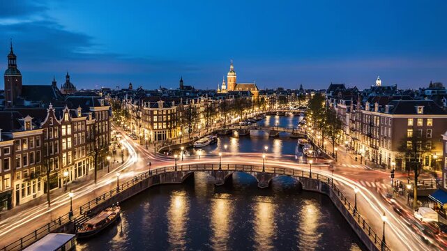 Long exposure of amsterdam canals and historic buildings at twilight with light trails from traffic and illuminated bridges 4k video