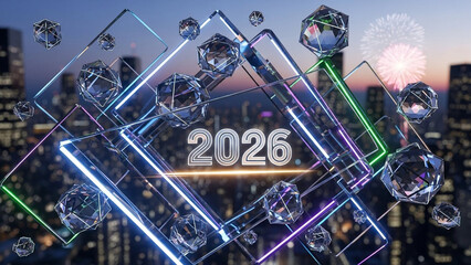 Abstract Geometric 2026 Background with Floating Shards, Crystal Clear Design, and Cyberpunk Aesthetic