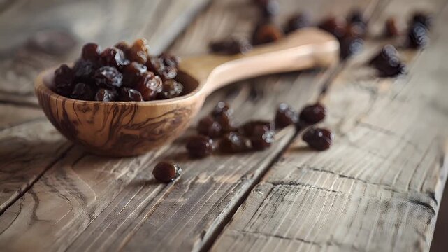 A closeup shot of a wooden bowl filled with dried prunes on a rustic wooden surface. The prunes are dark brown with a glossy sheen, and the bowl has a rich, dark wood grain pattern.