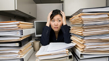 A office worker woman stuck in the sea of documents and files while she is showing stress, bored, frustration and tired in the office scenery