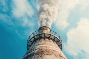 Industrial smokestack belching thick dark smoke into a bright blue sky with clouds, highlighting industrial emissions, air pollution and the environmental impact of manufacturing