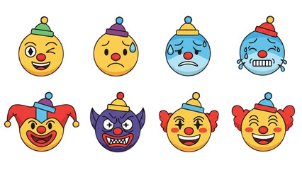 Collection of cartoon emoji faces with hats and clown makeup expressing different emotions