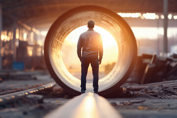 Man standing inside large steel pipe at a construction site, silhouetted against warm sunrise light, gazing toward a bright opening symbolizing hope, progress and new opportunities