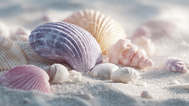 A collection of delicate seashells scattered across a sandy beach, capturing the serenity of the coast. The shells display an array of soft colors and textures
