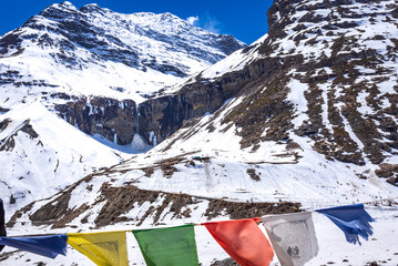 Serene Landscape of Sissu waterfall near Sissu village in Lahaul Spiti district of Himachal Pradesh, India. It is famous among tourists as it is well connected by Rohtang tunnel north portal.