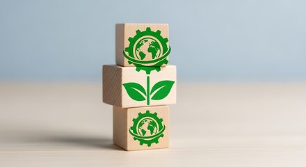 Sustainable development concept wooden blocks stacked with green ecology icons representing environmental protection and renewable energy for a greener future