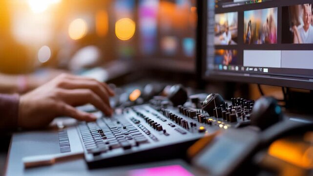 In a professional studio, an editor skillfully manipulates video footage using advanced editing tools for post-production, enhancing each scene on the monitor.