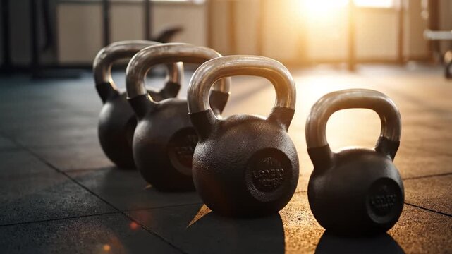 Kettlebell weight fitness exercise gym workout strength training metal equipment lined up gym floor with sunlight shining through window creating warm atmosphere for muscle power healthy body activity