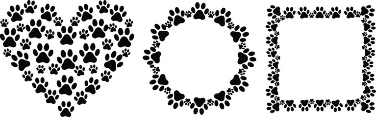 Black Paw Print Heart Circle and Rectangle Borders on White Background dog paw cat paw