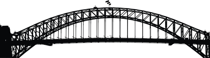 Black silhouette of a large steel arch bridge with flags on top against a white background