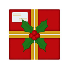 Christmas Gift Box Sticker Illustration &ndash; Red Present with Holly Decoration and Gold Ribbon on Transparent Background