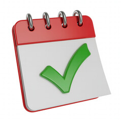 A red and white calendar with a green checkmark on a white background