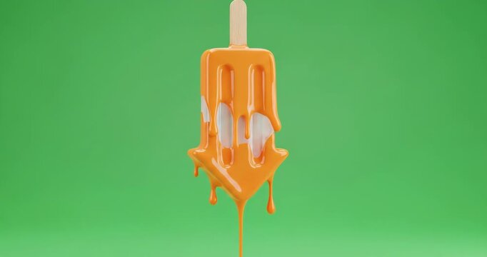 Melting orange and white popsicle dripping against a vibrant green screen background in a studio setting