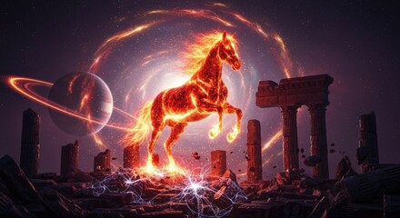 Cosmic Red Fire Horse in Ancient Ruins