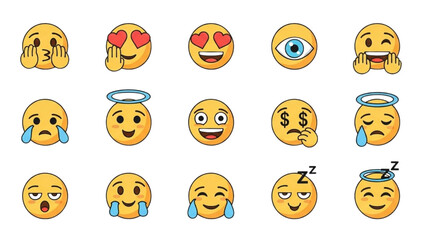 Obraz premium A colorful collection of expressive cartoon emoji faces and emoticons isolated on a white background