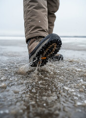 Boots stepping in slush. Person walking through water in winter boots on icy ground  