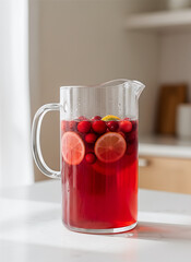 Cranberry punch in pitcher. Refreshing fruit punch in a glass pitcher with berries and lemon slices  