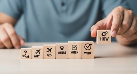Problem solving and strategic planning person arranging wooden blocks with questions and answers for business success and achieving goals