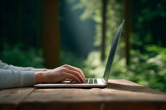Professional man working remotely on a modern aluminum laptop in a bright home office
