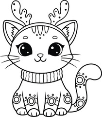 Cute cat with reindeer antlers and Christmas sweater coloring page Keywords: cat, kitten, animal, pet, christmas, holiday, reindeer