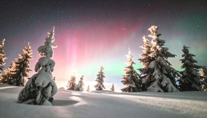 오로라, 밤하늘, 별, 겨울숲, 전나무, 설경, 눈풍경, 극광, 자연, 겨울