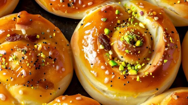 A closeup view of a tray of freshly baked pastries with a variety of toppings. The pastries are golden brown with a glossy finish, and they are adorned with colorful toppings such as pistachios.