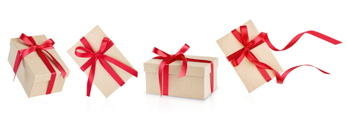 Set of Christmas gift box made of cardboardwith red ribbon and bow isolated on white background with clipping path. Christmas, Valentines Day or Birthday celebration themes. Design element.