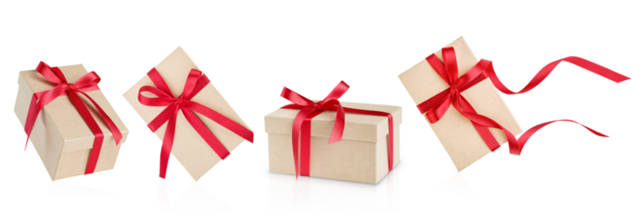 Set of Christmas gift box made of cardboardwith red ribbon and bow isolated on white background with clipping path. Christmas, Valentines Day or Birthday celebration themes. Design element.