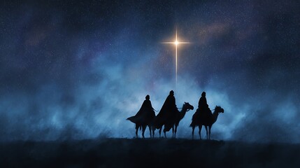 Epiphany and Christmas religious nativity concept: Three wise man against star of cross over night background. Old vintage style tone