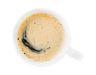 Cup coffee with creamy milk foam in white cup isolated with clipping path. Top view. Element for design.