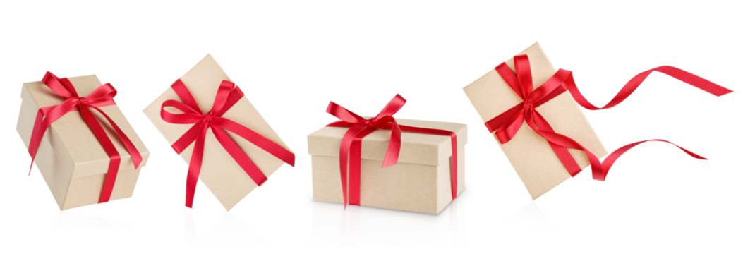 Set of Christmas gift box made of cardboardwith red ribbon and bow isolated on white background with clipping path. Christmas, Valentines Day or Birthday celebration themes. Design element.