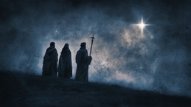 Epiphany and Christmas religious nativity concept: Three wise man against star of cross over night background. Old vintage style tone