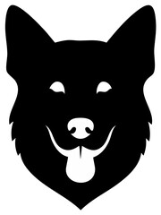 Happy Black Silhouette Dog Face with Tongue Sticking Out and Alert Ears