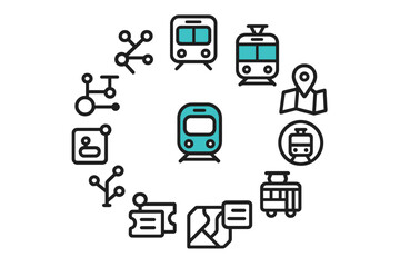 Train travel icons illustrating urban transit systems and navigation in a city landscape with different train types and transportation elements
