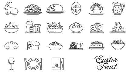 Collection of line art icons representing a traditional easter feast with food and table settings