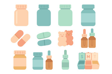 Colorful assortment of medicine bottles and supplements in various shapes and sizes arranged neatly on a white background