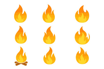 Bright and colorful flame icons showing various fire styles and a campfire design for diverse digital uses