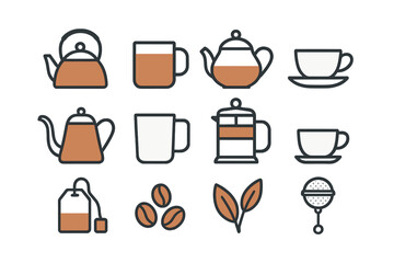 Collection of tea and coffee related items designed in a simple and modern style featuring kettles, cups, and leaves