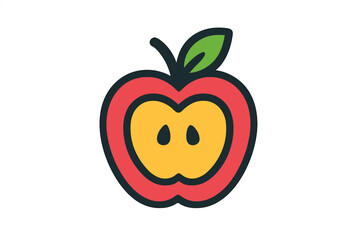 Colorful cartoon apple with a unique design featuring a smiling face and bright colors on a plain background