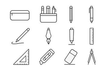 Various stationery items arranged neatly with a pencil case, pens, and drawing tools on a blank background
