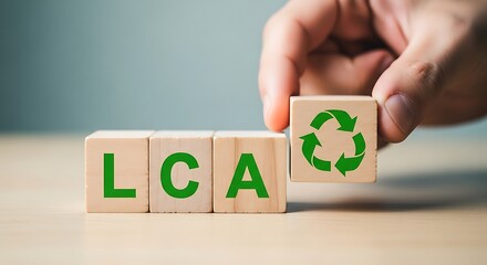 Life cycle assessment concept with wooden blocks and recycle symbol environmental impact analysis and sustainability evaluation in business