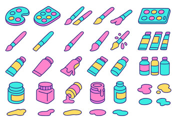 Colorful art supplies arranged in a creative layout for different painting techniques and styles