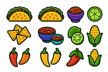 Colorful taco and salsa ingredients arranged in a fun and playful design perfect for any food lover