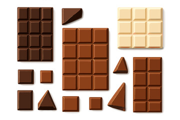 Delightful assortment of chocolate bars and shapes on a white background ready for snacking or baking