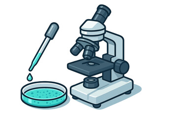 Lab equipment showing a microscope and a dropper near a petri dish with a blue liquid on a flat surface
